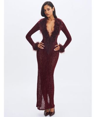 Women's Luana Burgundy Plunging Fur Trimmed Crochet Maxi Dress
