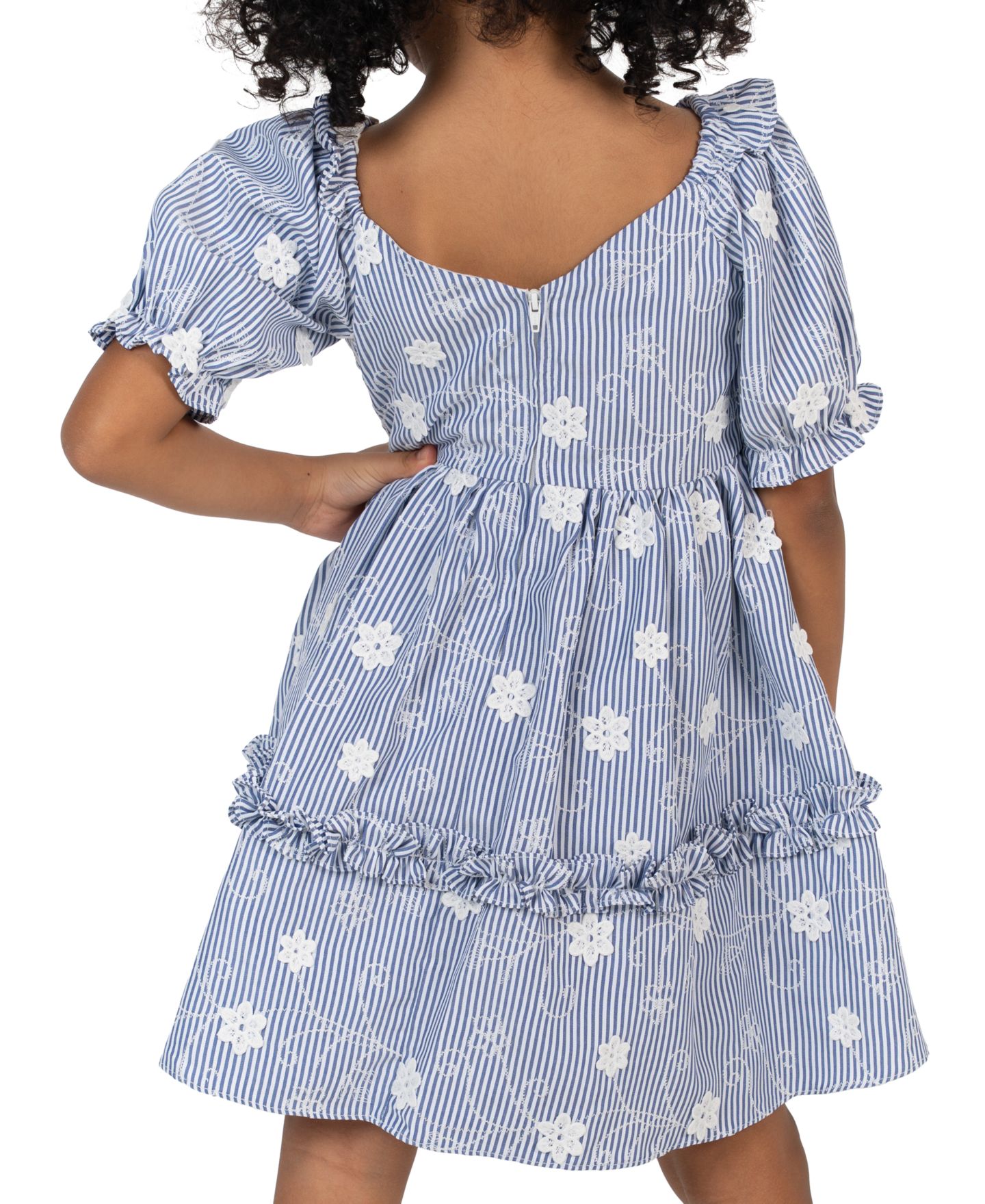 Платье Rare Editions Striped Embroidered Flutter-Sleeve Dress для девочек, цвет: Синий — фото 3