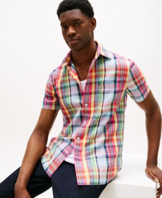 Men's Linen Madras Plaid Short-Sleeve Shirt