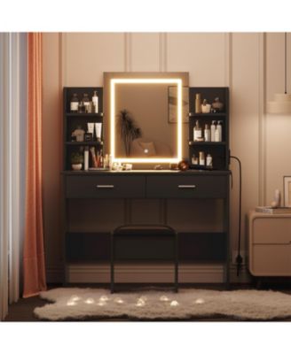 Vanity Desk with Lighted Mirror, Makeup Vanity Set with Power Outlet, Cushioned Stool, 6 Storage Shelves and 2 Large Drawers