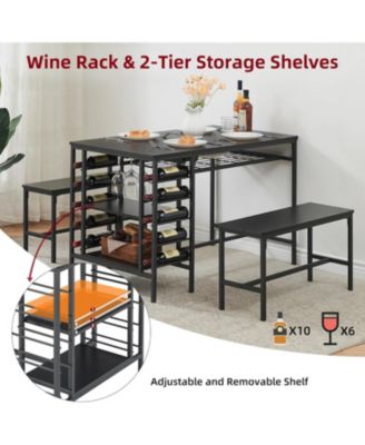 Dining Table Set for 4 Kitchen Table with 2 Benches Rectangular Dining Room Table Set with Wine Rack and Storage Shelf 3 Piece Dining Table Set