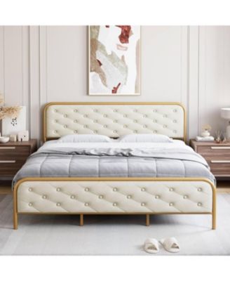 Bed Frame, Luxury Upholstered Bed Frame with Velvet Tufted Headboard, Heavy Duty Metal Base/Wood Slat Supports/Springless