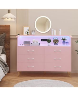 Pink Dresser with LED Light for Bedroom 6 Drawer