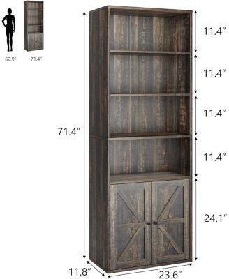 Industrial Bookcase with Doors – 6-Shelf Farmhouse Wooden Bookshelf, 11.8" Deep Display Storage Shelves for Bedroom, Living Room