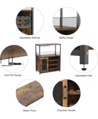 3 Tier Wine Bar Cabinet with Detachable Rack, Industrial Sideboard Buffet Cabinet with Drawer, Glass Holder and Mesh Door