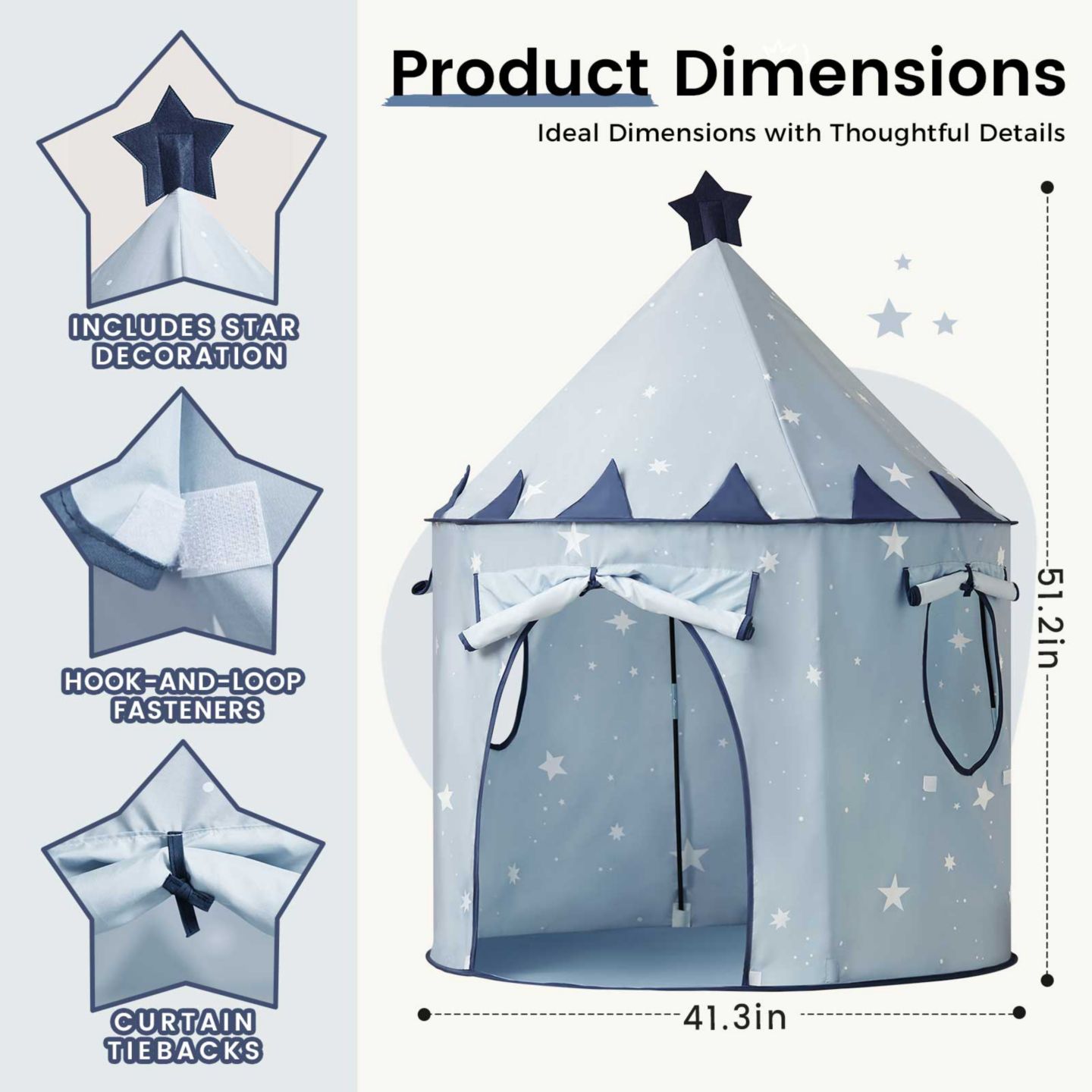 Детские игрушки Tiny Land Starry Blue Foldable 3-Piece Play Tent Set, Ages 3+ — фото 5