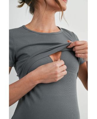 Maternity Nursing Ribbed Short-Sleeve Crewneck Top with Lift-Up Panel