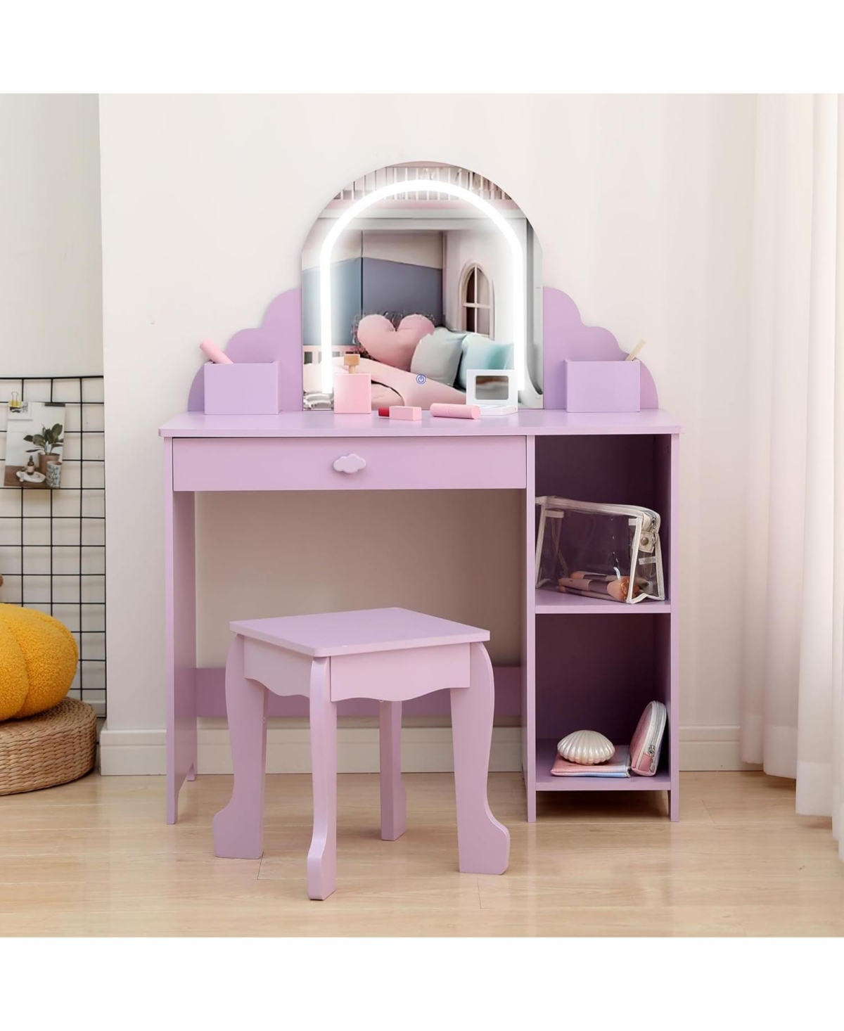 gaomon Kids Vanity with Lighted Mirror - 2 in 1 Little Girls Vanity Table and Stool