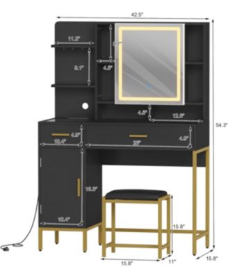 Vanity Desk with Lighted Mirror and Power Outlet - Makeup Table with 2 Drawers - 9 Open Shelves and 2 Cabinets