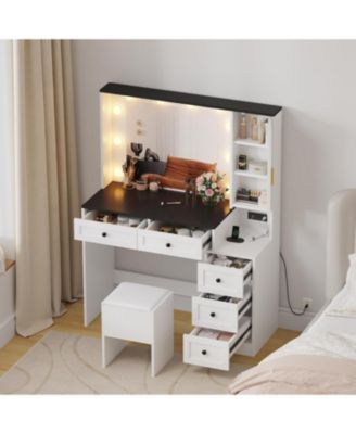 Makeup Vanity Set - Vanity Desk with Lighted Mirror and Charging Station - Makeup Vanity Desk with 5 Drawers and 3-Tier Cabinet