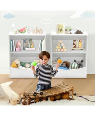 2-Tier Kids Toy Storage Organizer with Bookshelf, Wooden Book Display Shelf for Playroom