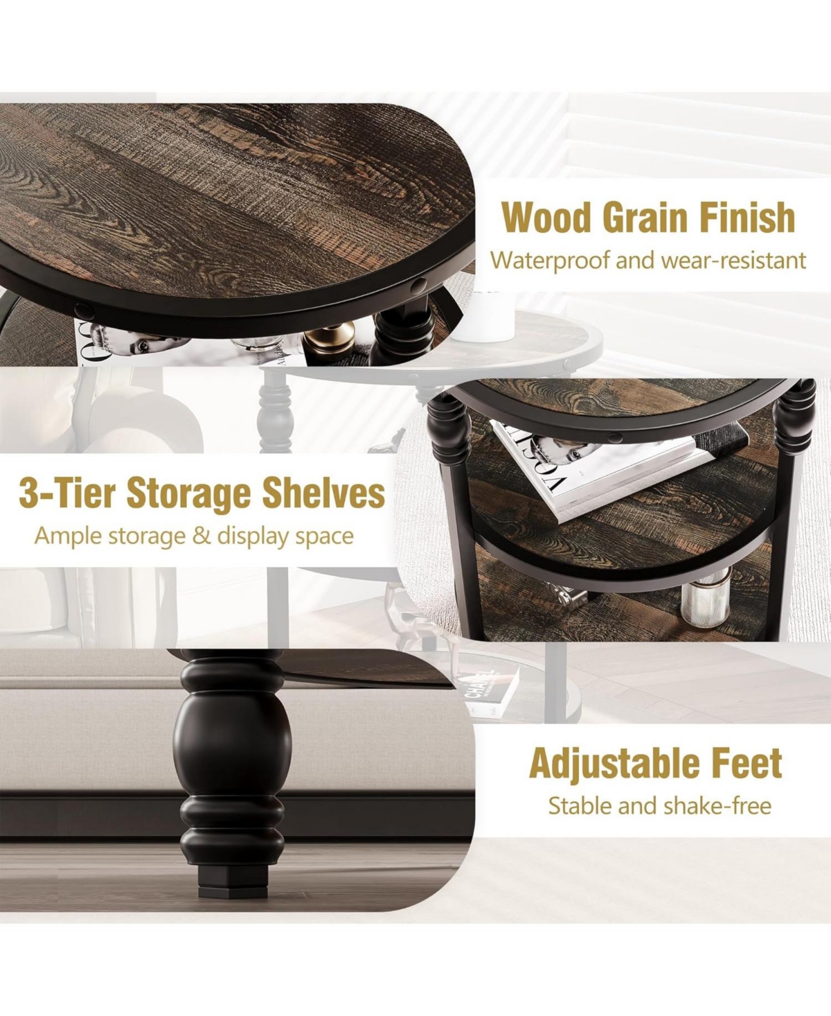 gaomon Round Side Table, Small End Table with 3 Shelves for Living Room, Bedroom, Night Stand Accent Coffee Table with Steel Frame for Small Spaces