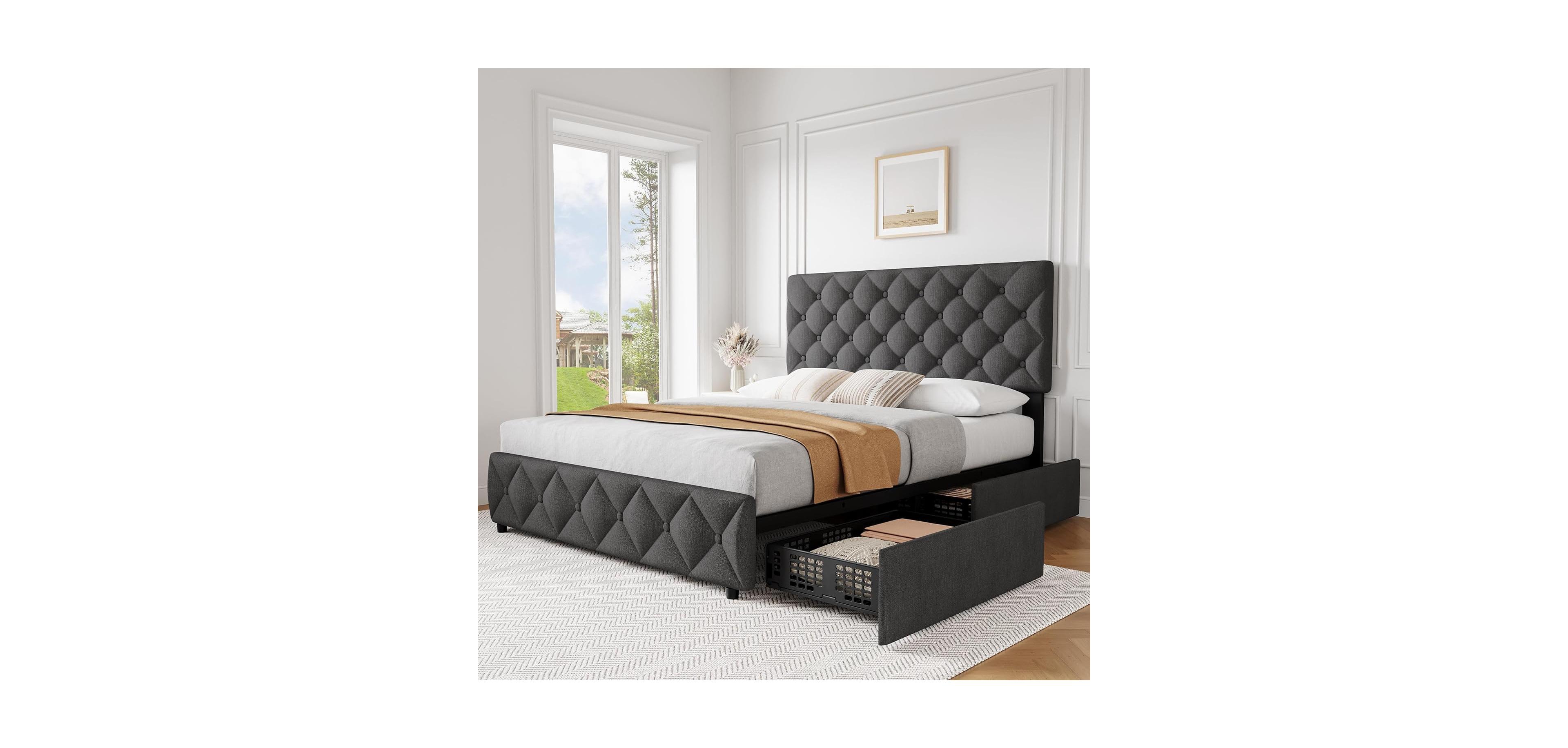 gaomon Queen Size Bed Frame with 4 Storage Drawers and Headboard, Linen Upholstered Platform Bed Frame, Diamond Stitched Button Tufted