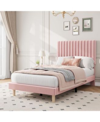 Twin Size Velvet Platform Bed Frame with Vertical Channel Tufted Adjustable Headboard, Wooden Slats Support, No Box Spring