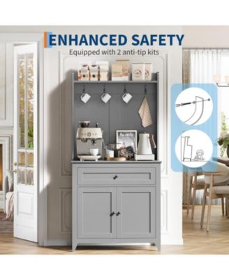 63" Pantry Cabinet, Kitchen Storage with Charging Station, Coffee Bar Table with Drawer, Hooks & Adjustable Shelves