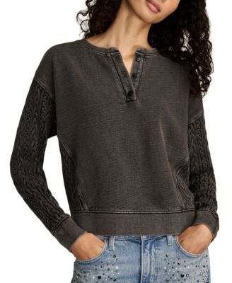 Women's Cable-Sleeve Boho Fleece Henley Top