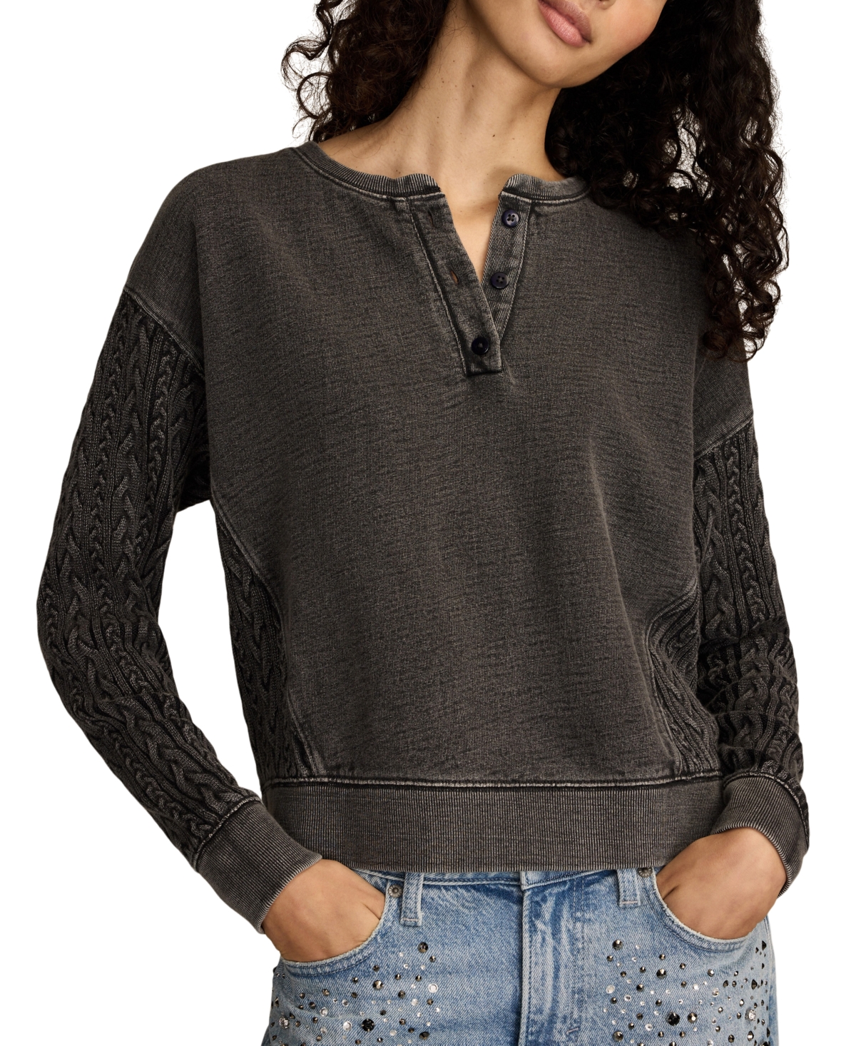 Lucky Brand Women's Cable-Sleeve Boho Fleece Henley Top