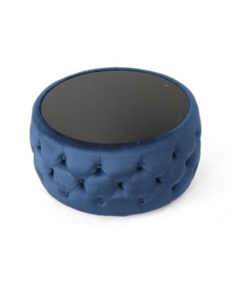 Modern Glam Velvet Button-Tufted Glass-Top Ottoman
