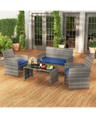 4 Piece Patio Furniture Set Outdoor Wicker Conversation Set w/ Tempered Glass Coffee Table