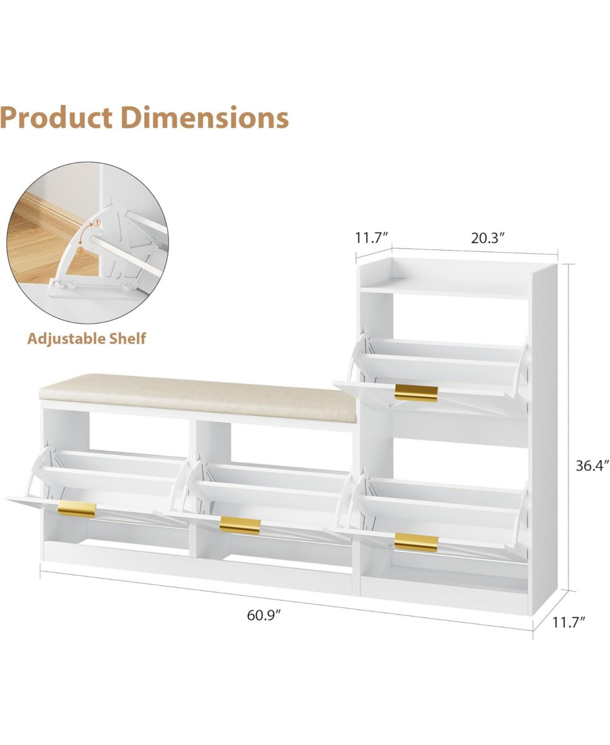 gaomon Farmhouse Shoe Cabinet with Bench, 4 Flip Drawers, Cushioned Seat Shoe Organizer, Freestanding Entryway Storage