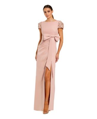 Women's Beaded Cap Sleeve Crepe Gown With Bow and Slit