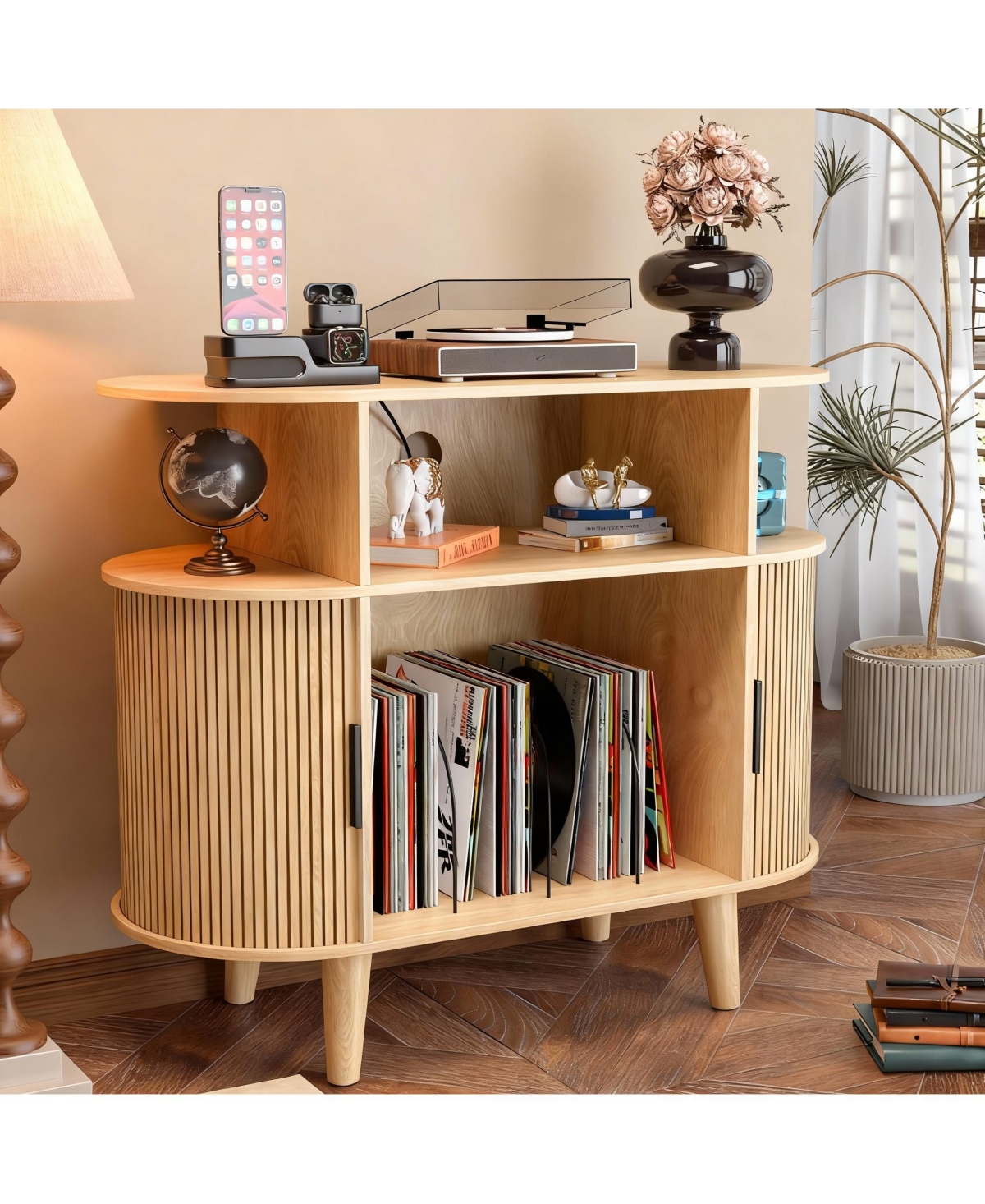 Yigii Mid-Century Modern Record Cabinet with Charging Station & Storage