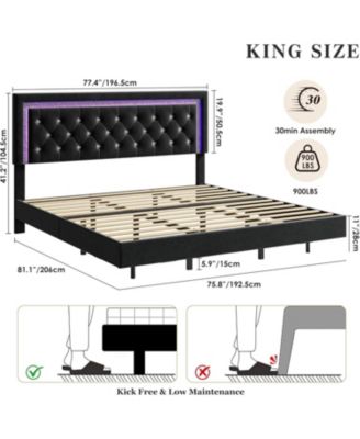 King Floating Platform Bed with LED Lights, Upholstered Diamond Headboard, Solid Wood Slats