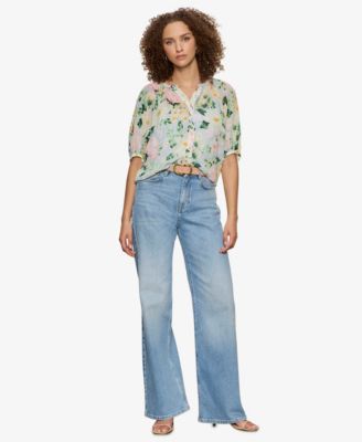 Petite Printed Split Neck Top