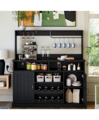 47" Farmhouse Coffee Bar Cabinet with Charging Station &Wine Racks Rustic Wood Kitchen Buffet Cabinet Wine Bar Table