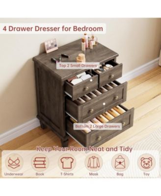 Vintage 4-Drawer Dresser with Carved Handles, Wooden Chest with Tapered Legs, Storage Organizer for Bedroom, Living Room, Entryway