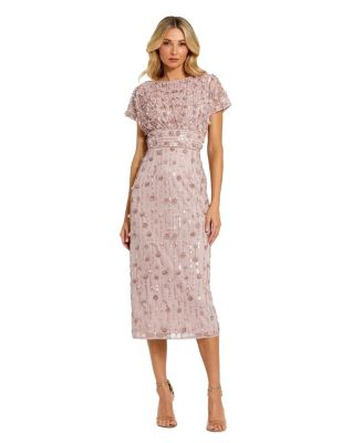 Petite Cap Sleeve Sheath Midi Dress With Floral Beading