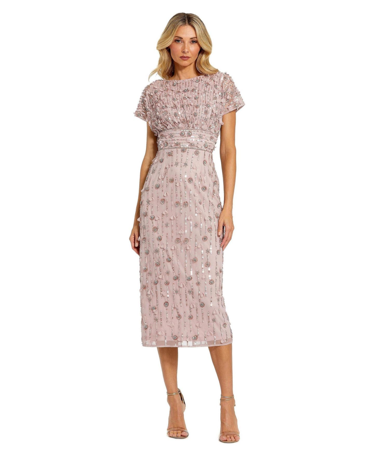 Женское платье Mac Duggal Petite Cap Sleeve Sheath Midi With Floral Beading, цвет: Винтажный сиреневый — фото 1