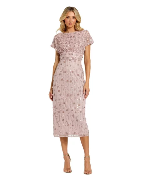 Petite Cap Sleeve Sheath Midi Dress With Floral Beading - Vintage lilac