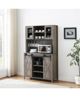 70" Tall Farmhouse Coffee Bar Cabinet with Sliding Barn Door Ample Storage Buffet with 7 Adjustable Shelves Wine Rack and Glass Holder.