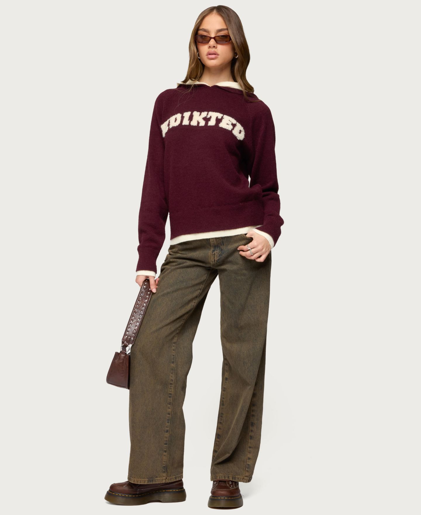 Женское худи Edikted Varsity Contrast Layered Knit, цвет: Бордовый кремовый — фото 5