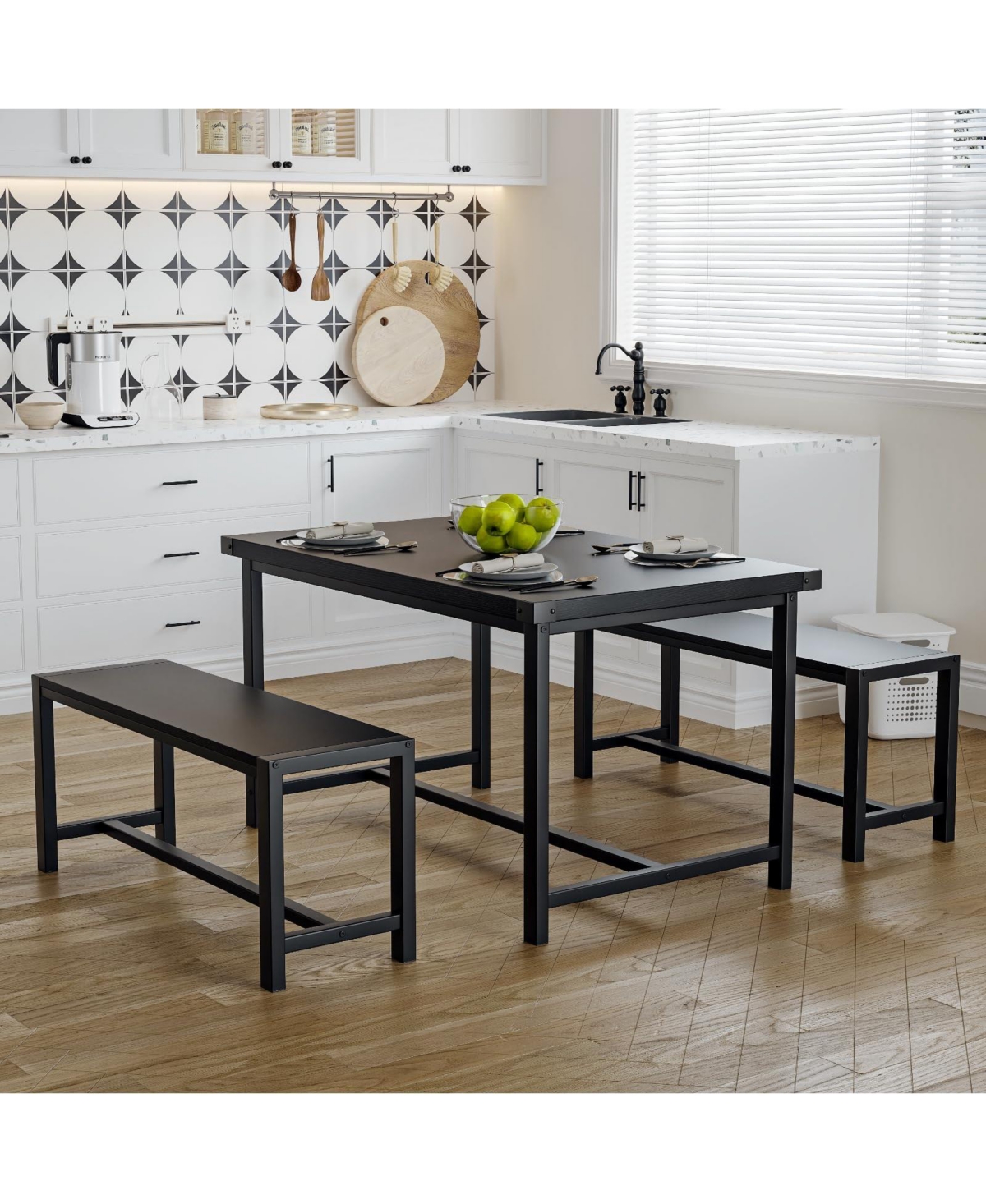 gaomon Dining Table Set for 4, Kitchen Room with 2 Benches, 3-Piece Wood Dinette Sets Chairs