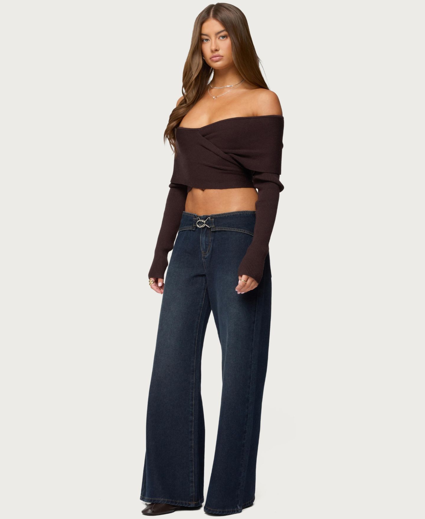 Женский свитер Edikted Paulina Off Shoulder Wrap, цвет: Коричневый — фото 3