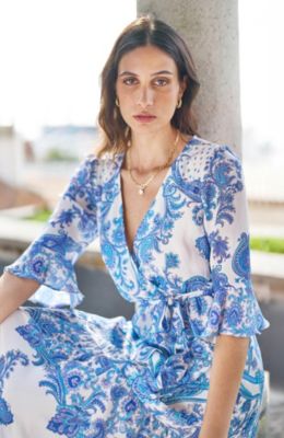 Women's 3/4 Sleeves Paisley Wrap Midi Dress