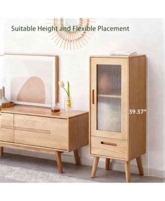 Solid Wood Cabinet with Glass Doors & Drawers for Living Room