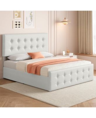 Bed Frame with 4 Storage Drawers and Headboard, Faux Leather Upholstered Platform Bed Frame with Wooden Slats Support
