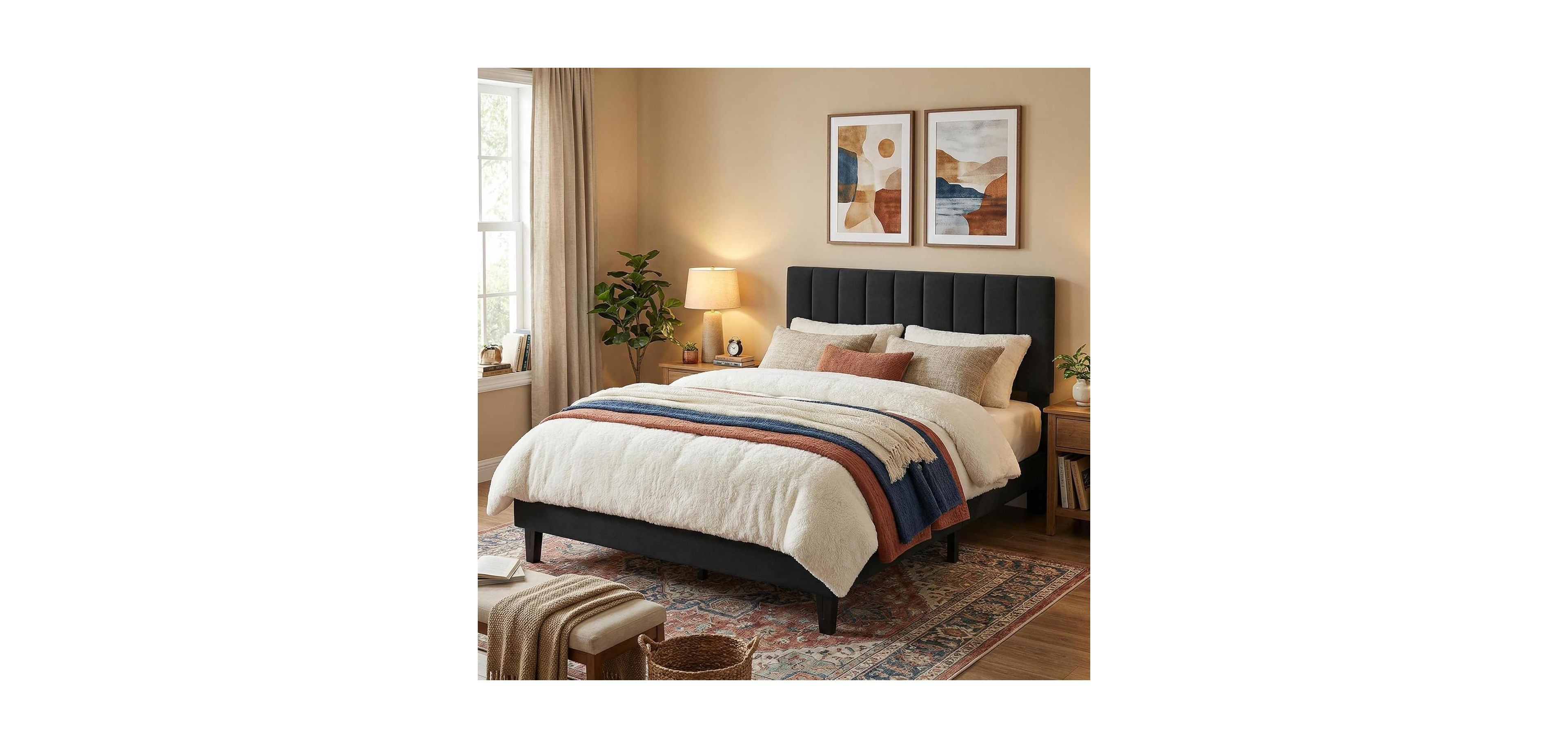 gaomon Full Upholstered Platform Bed Frame with Vertical Channel Tufted Headboard, Adjustable Height, Wooden Slats