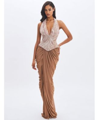 Women's Nancie Apricot Beaded Halter Peplum Pleated Maxi Dress