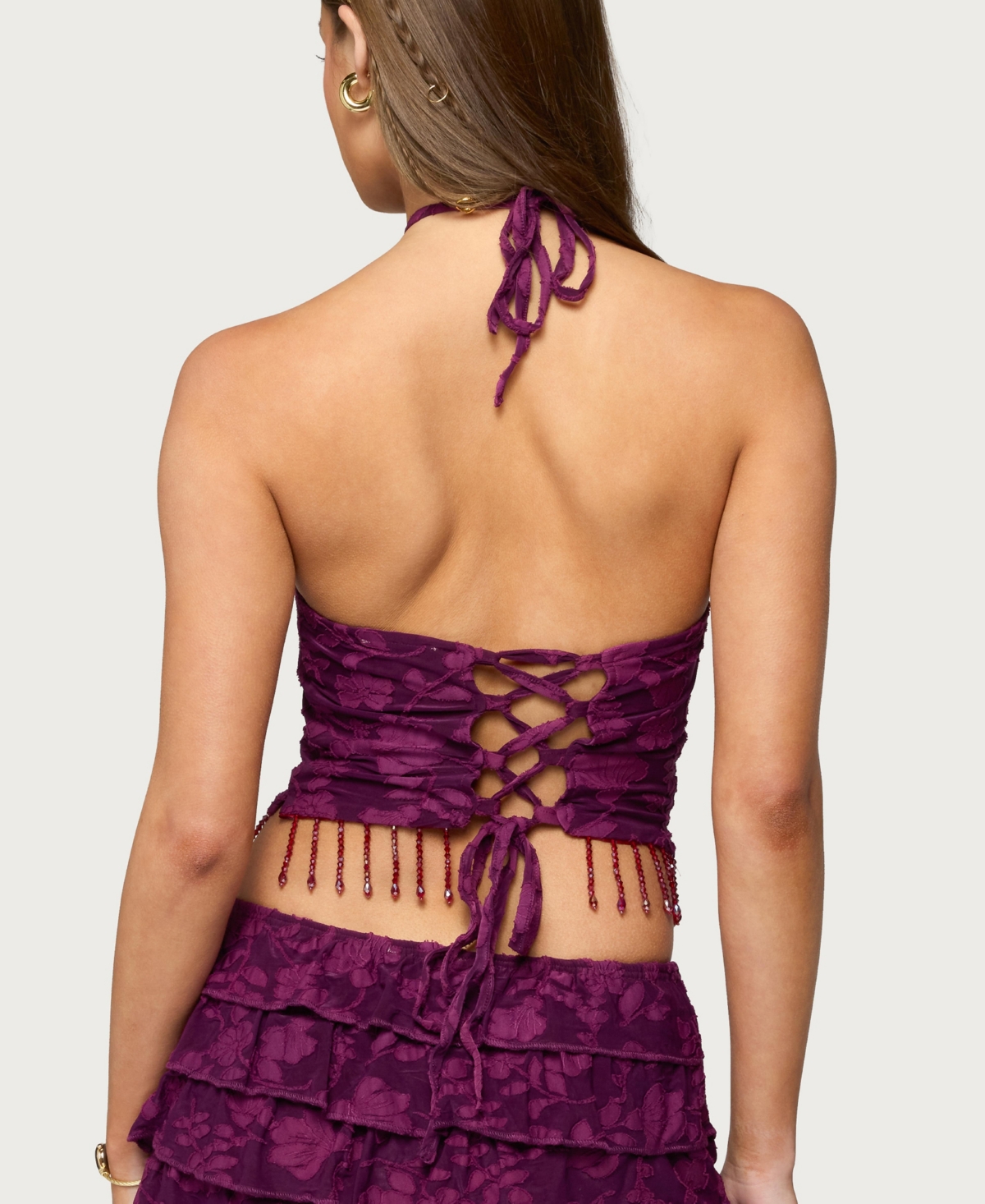 Edikted Women's Keyla Bead Fringed Textured Halter Top