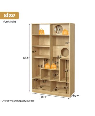 2 IN 1 Wood Bookshelf Cat House for Cat Lover, Cat Tree Display Case, 5 Tier Storage Shelves with Round Hollow Door for Study Room - Natural