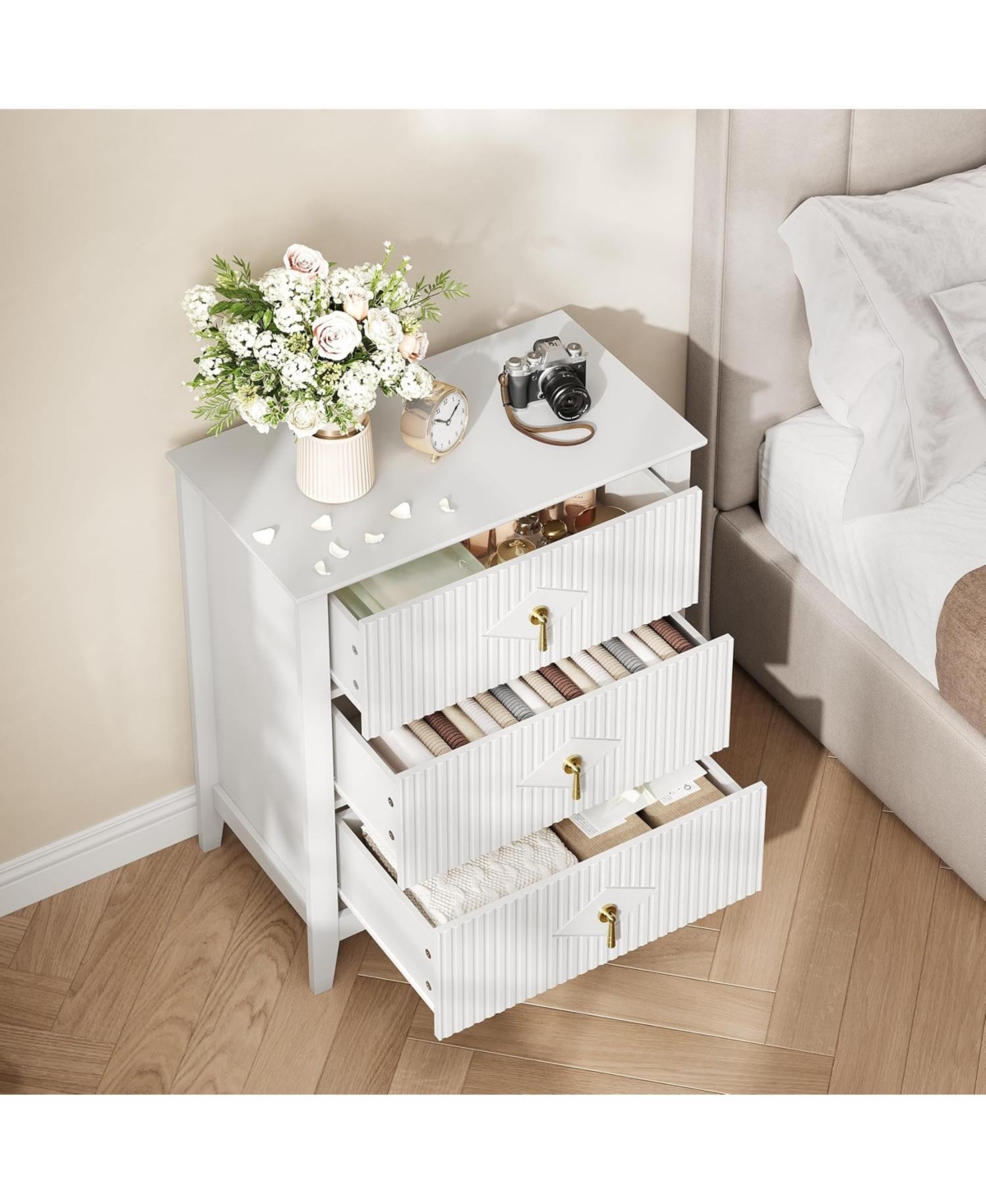 gaomon 2Pcs Fluted Nightstand, 27.5" Wide Bedside Table with 3 Large Storage Drawers, Modern Night Stand with Metal Handle, Wooden End Table, Whi