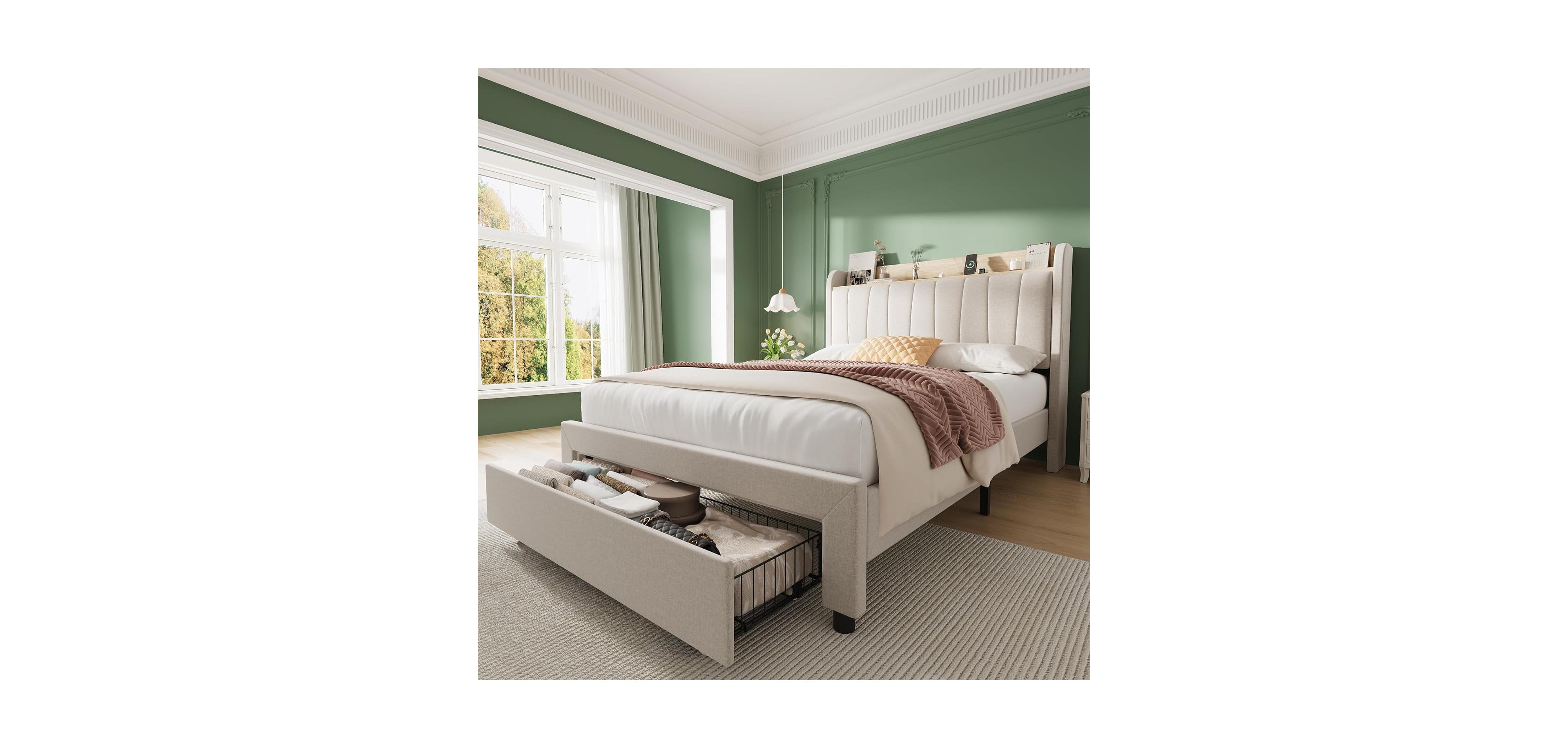 gaomon Bed Frame with Storage Headboard and Charging Station, Platform Drawers, Heavy Duty, No Box Spring Needed, Easy Assembly
