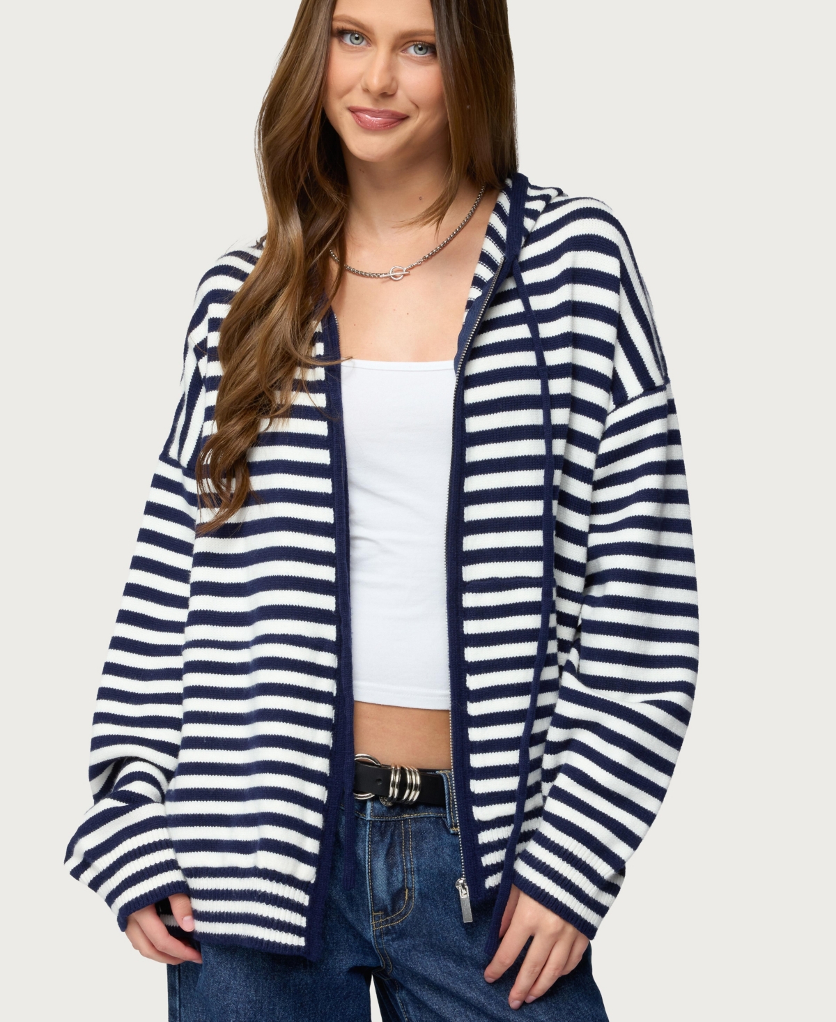Edikted Women's Safari Striped Knit Zip Up Hoodie