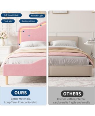 Bed Frame with Adjustable LED Headboard, Velvet Upholstered Princess Platform Bedframe with Footboard for Kids/Girls