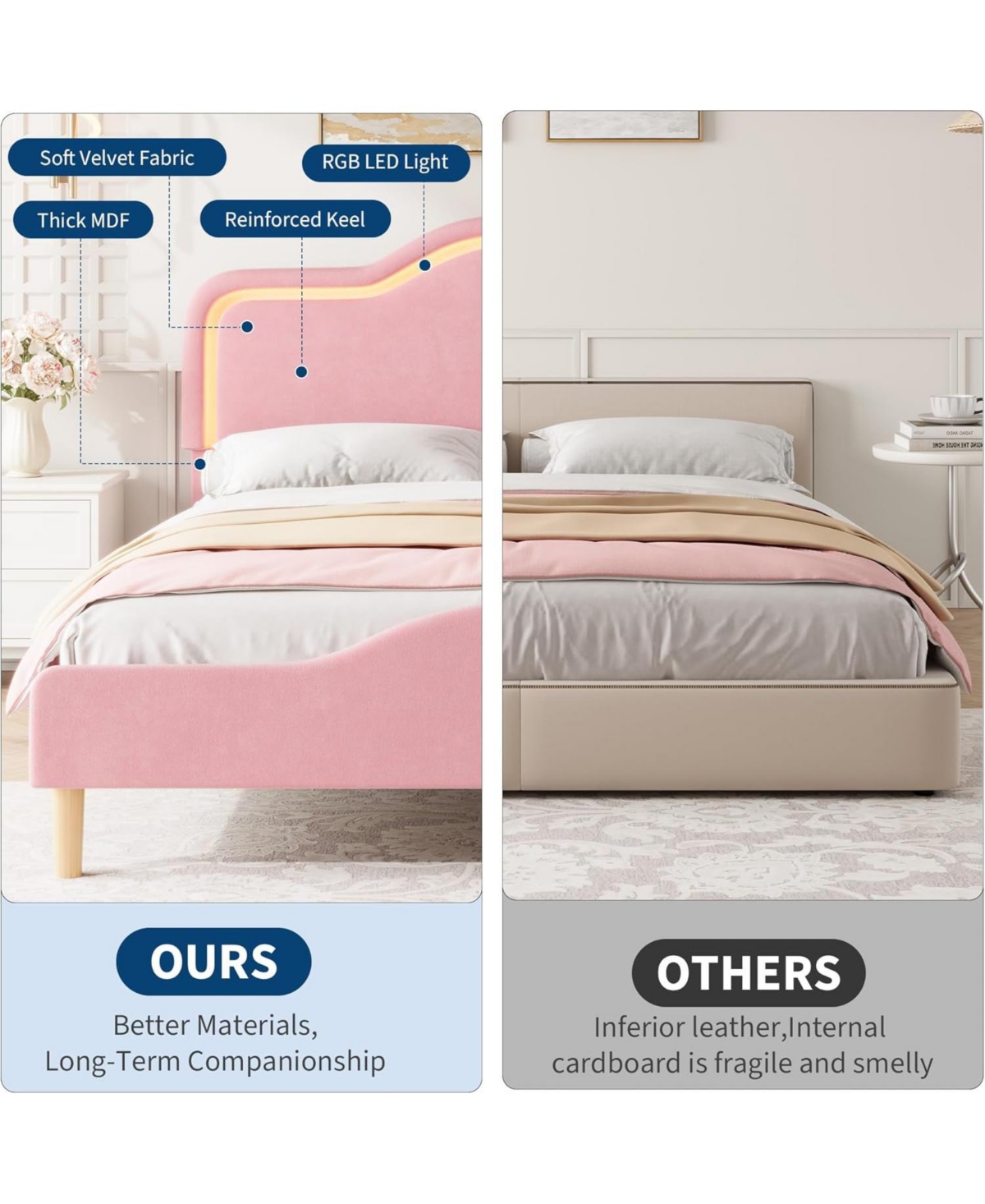 gaomon Bed Frame with Adjustable Led Headboard, Velvet Upholstered Princess Platform Bedframe with Footboard for Kids/Girls