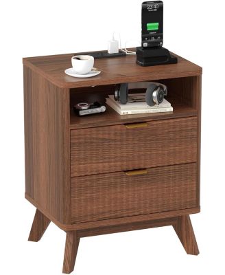 Modern Fluted Night Stand, Nightstand with USB Charging Station, Two Drawer Filing Cabinet with Shelf